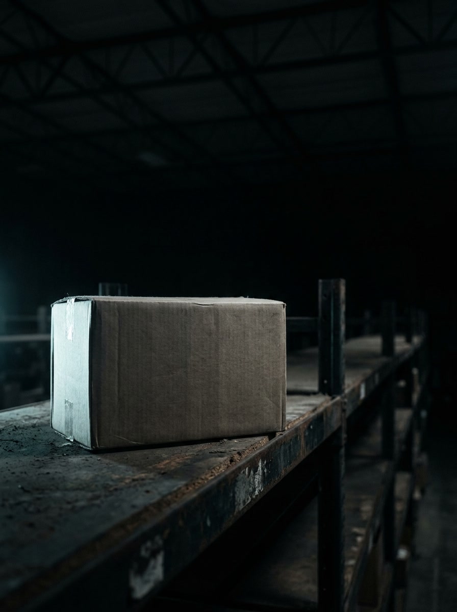 Una caja de cartón sobre un estante de bodega en penumbra.