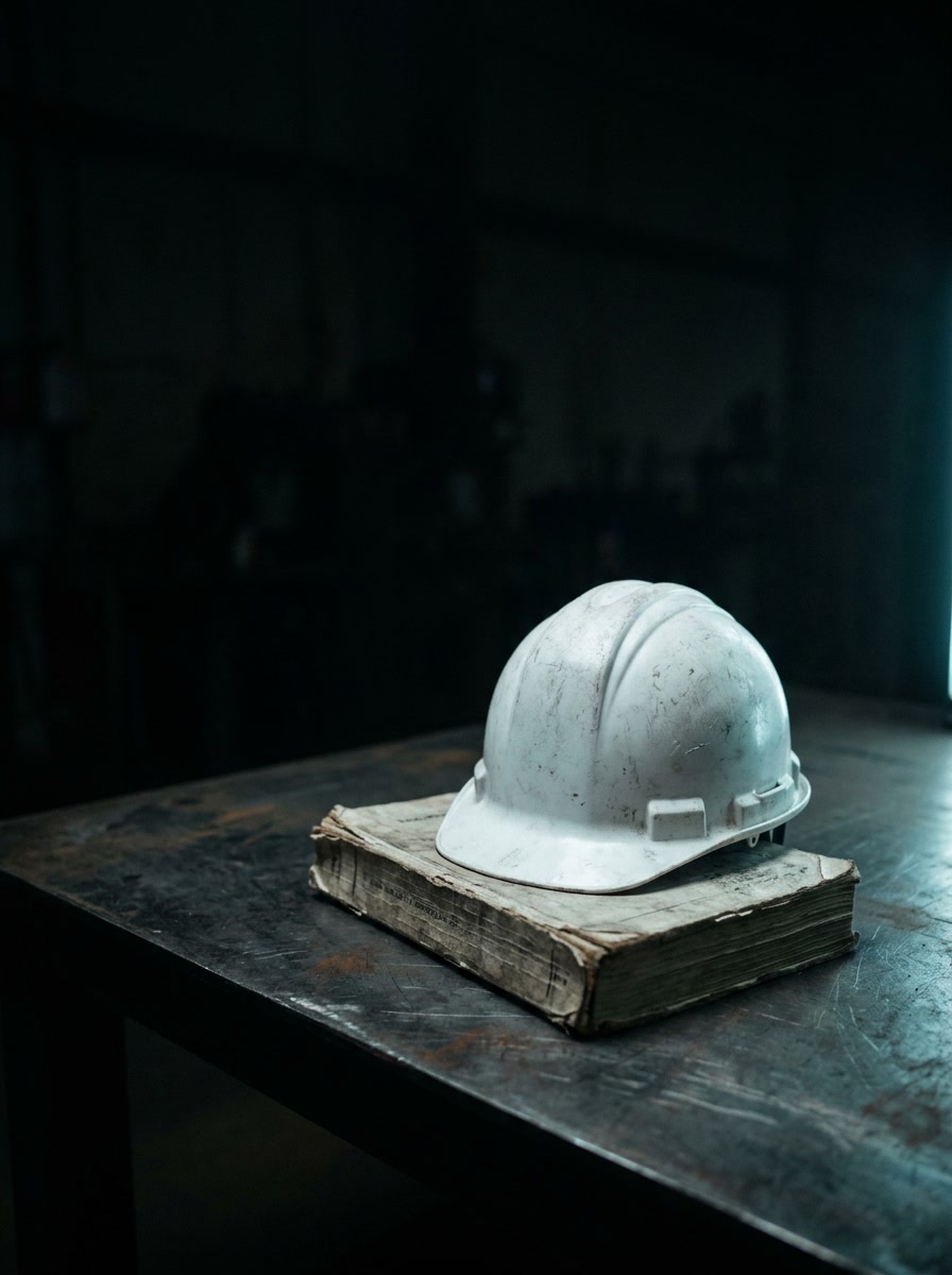 Un casco blanco sobre un manual técnico gastado, en una mesa de acero.